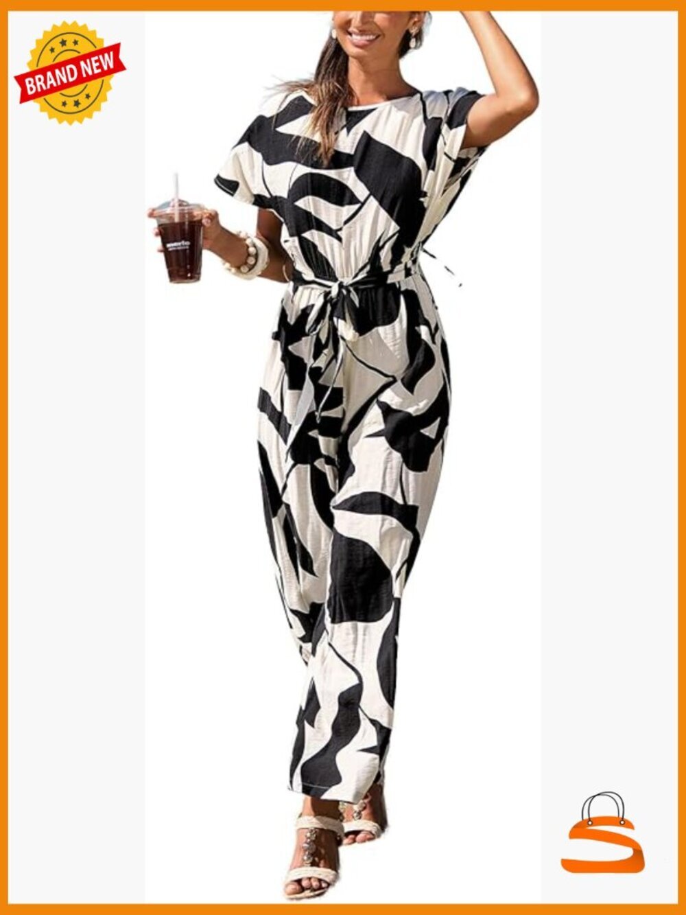 Tropical Leaves Print Wide Leg Jumpsuit Crew Neck Short Sleeve